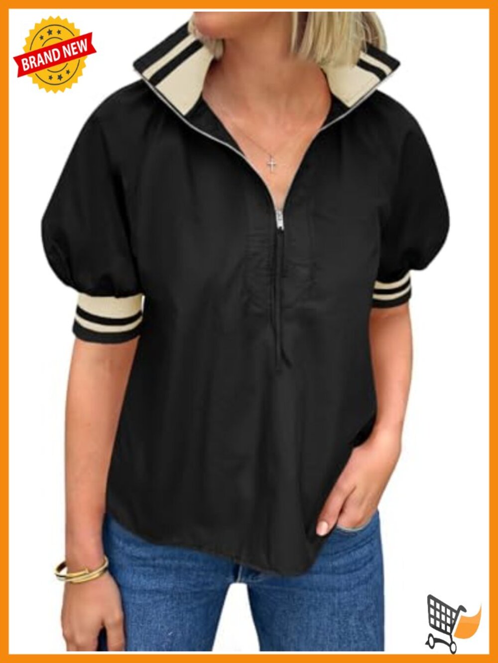 Womens Puff Sleeve Color Block Half Zip V Neck Blouse Loose Fit Summer Top